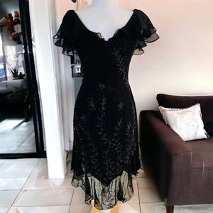 Vintage Size Small Chiffon Beaded Midi Dress Black Ruffle Sleeve Holiday